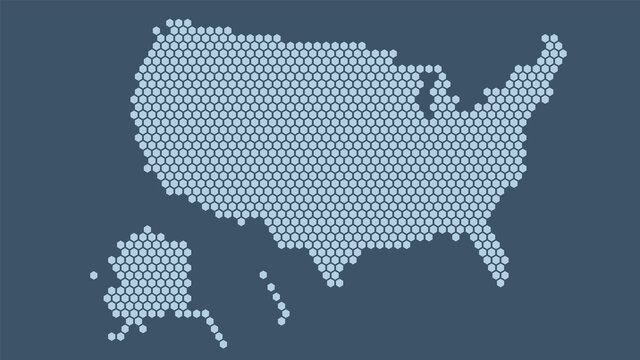 Dark blue hexagonal pixel map of USA. Vector illustration United States hexagon map.