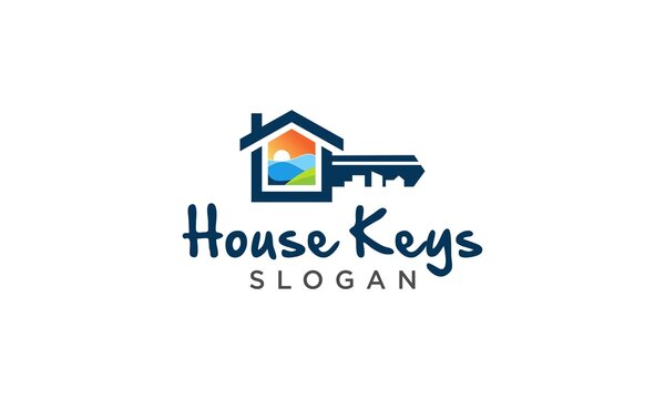 house key with landscape style, urban, countryside, nature, sea, mountains, sky, logo for real estate housing