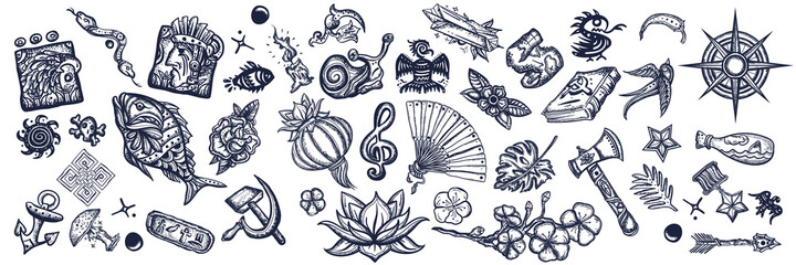 Old school tattooing style. Big set for design. Tattoo elements collection