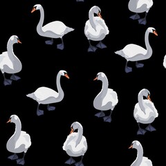 Obraz premium Beautiful seamless pattern with white swans on black background illustration.