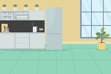 Office kitchen flat color vector illustration. Modern household. Room with fridge, appliance for dining. Workplace lunch break room 2D cartoon interior with furniture on background