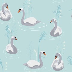 Beautiful seamless pattern with white swans and flowers illustration on blue background.