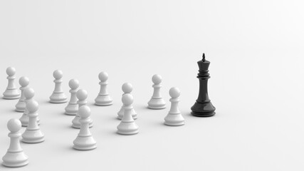 Leadership concept, black king of chess, standing out from the crowd of white pawns, on white background. 3D Rendering