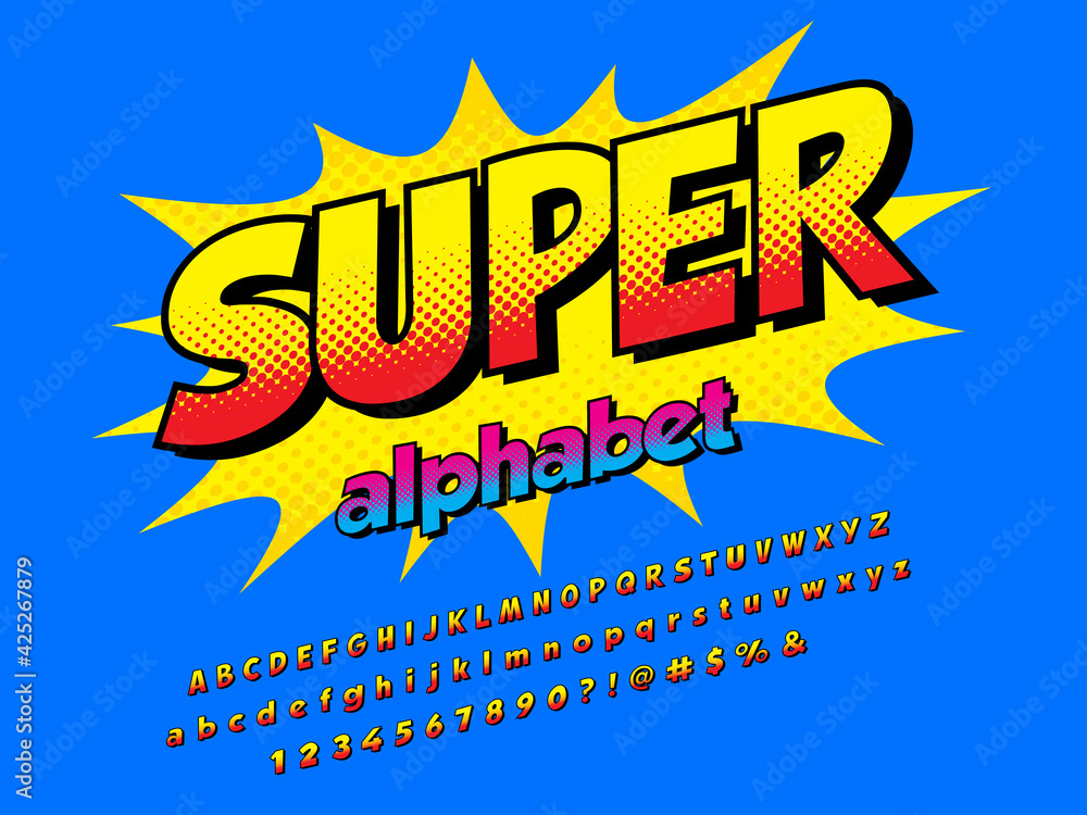Poster comical style vector font design with uppercase, lowercase, numbers and symbols