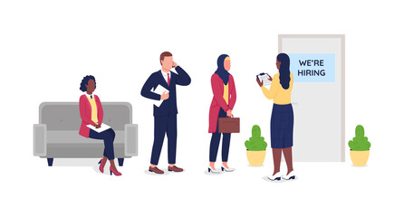 Candidate waiting for job interview flat color vector faceless characters. HR manager. Diverse employees in office corridor isolated cartoon illustration for web graphic design and animation