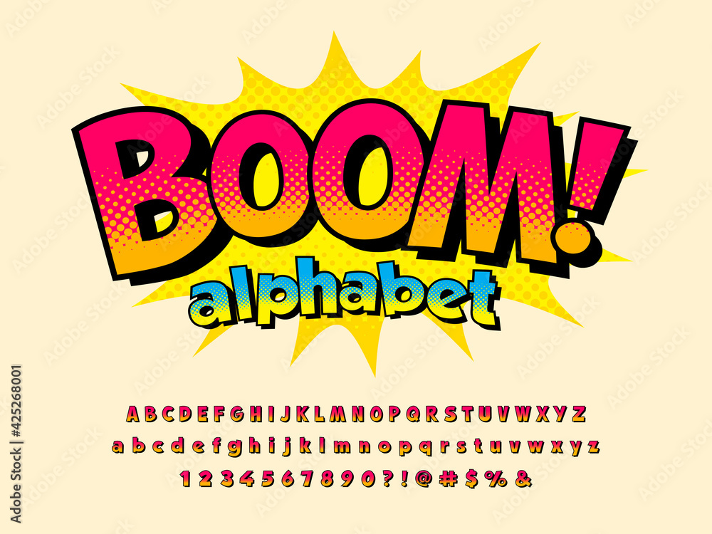 Poster comical style vector font design with uppercase, lowercase, numbers and symbols