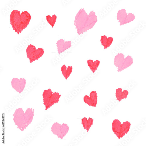 Hearts drawn by hand on paper with markers. Stylish design element. Element for decorating cards for Valentine's Day or Mother's Day