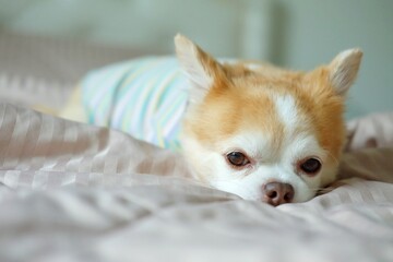Close up of Brown chihuahua dog&rsquo; s face on the bed.