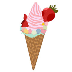Vector illustration of pink ice cream in a waffle cup with strawberries, marmalade and syrup