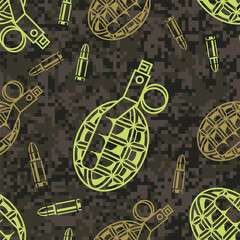 Hand grenade with ammo on urbanistic camouflage background, vector seamless pattern - 425268875