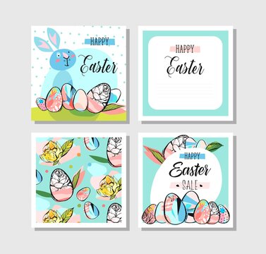 Hand drawn vector abstract creative Happy Easter greeting cards design collection set template with flowers,Easter eggs in pastel and blue mint colors isolated on white background.Sign,Sale