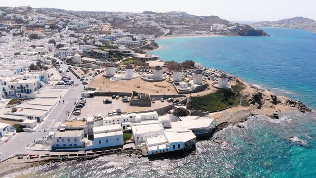 Aerial rotating view of Mykonos Windmills at summer.