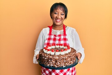 Middle age african american woman wearing baker apron holding homemade cake smiling with a happy...