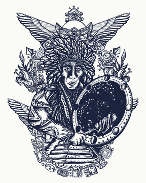 Old shaman. Totem. Tattoo and t-shirt design. Native American Indian. Ancient Maya Civilization. Pyramids, glyphs, Kukulkan. Mexican mesoamerican culture