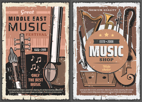 Music shop, middle east music, vector vintage instruments kemanche, guitar with two vultures and alto clarinet with trumpet, harp and gusle. Musical store professional musician rare instruments poster