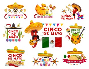 Cinco de Mayo vector icons pinata, jalapeno pepper mustached musician in sombrero playing guitar. Maracas, tequila with lime, flag. Mexican food tacos, enchiladas isolated emblems with typography set