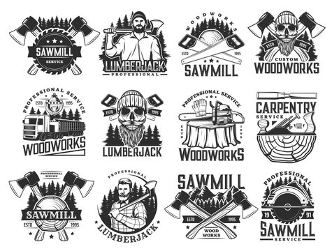 Lumberjack, sawmill lumbering service and logging wood vector icons. Lumber and forestry industry, logger woodwork bearded skull in hat. Woodcutter axe, saw and logging machine, tree logs and stumps