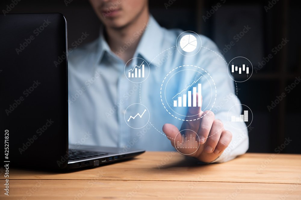 Poster man working computer with touching successful stock market with growth