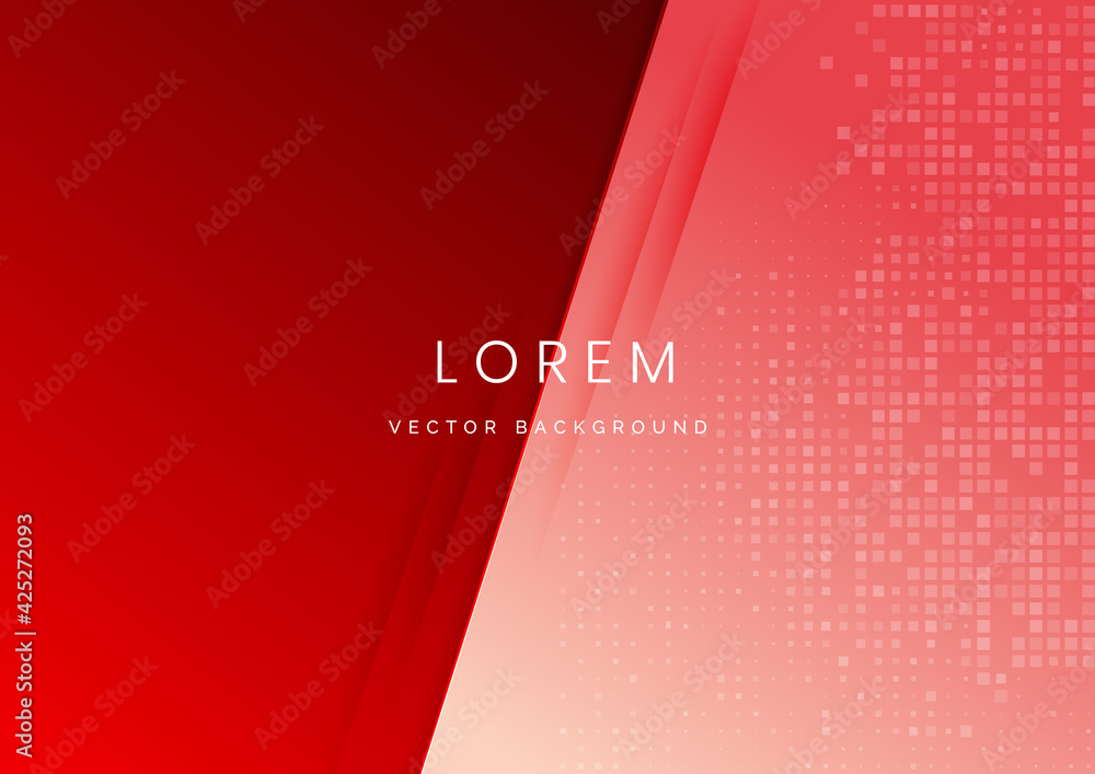 Poster abstract 3d red background with overlap layer with square pattern decor.