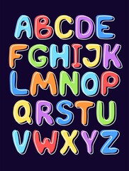 Hand-drawn cute English alphabet. Green, yellow, red and white letters on a dark blue background. Vector illustration.