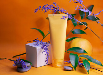 skincare creams with plants, modern product photography, oranges