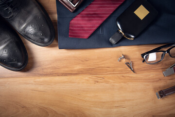 men accessories on the wooden table