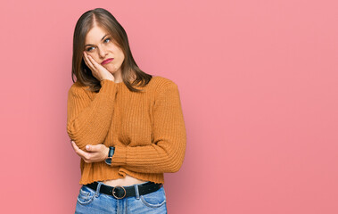 Beautiful caucasian woman wearing casual clothes thinking looking tired and bored with depression problems with crossed arms.
