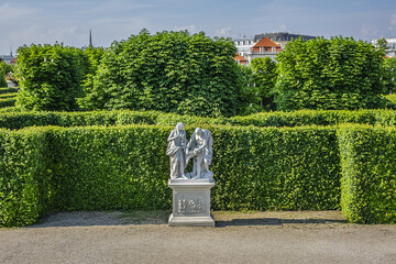 Ancient Sculptures in the public garden of Belvedere. Belvedere Palace (1724) was summer residence for Prince Eugene of Savoy. Vienna, Austria.