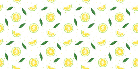 Yuzu japanese citron fruit seamless pattern vector illustration isolated on white background. Sliced citrus yuzu fresh fruit seamless texture.