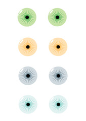 Vector illustration of colored eyes. Color contact lenses. Green, orange, blue lenses. Isolated. Optics.