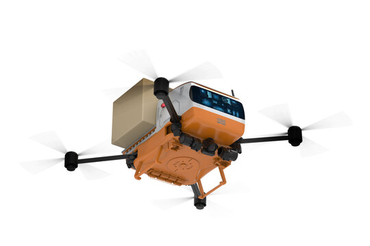 Delivery Drone Or Robot Holding Cardboard Box