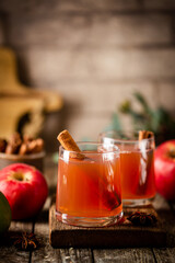 Glass of fresh apple juice with cinnamon and red apples on wooden background