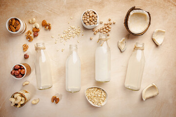 Vegan non dairy plant based milk in bottles and ingredients on light background. Lactose free milk substitute. Top view.