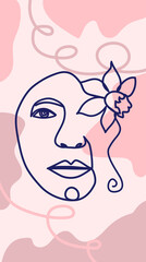Woman face with flowers one line drawing. Half of the face is a flower. Continuous line drawing art. Nature cosmetics.