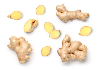 Flat lay of Fresh ginger rhizome with slices  isolated on white background.