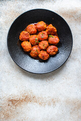 pasta meatballs tomato sauce plate portion on the table healthy meal top view copy space rustic food background 