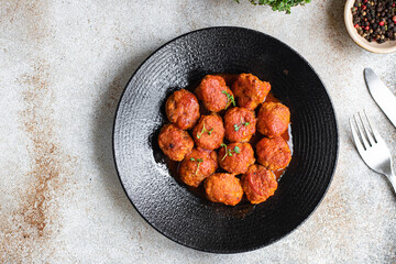 pasta meatballs tomato sauce plate portion on the table healthy meal top view copy space rustic...