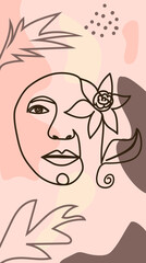 Woman face with flowers one line drawing. Half of the face is a flower. Continuous line drawing art. Nature cosmetics.