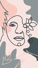Woman face with flowers one line drawing. Half of the face is a flower. Continuous line drawing art. Nature cosmetics.