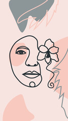 Woman face with flowers one line drawing. Half of the face is a flower. Continuous line drawing art. Nature cosmetics.