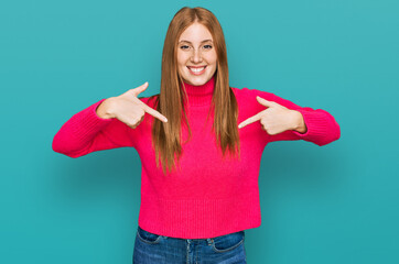 Young irish woman wearing casual clothes looking confident with smile on face, pointing oneself with fingers proud and happy.