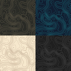 Topography patterns. Seamless elevation map tiles. Authentic isoline background. Attractive tileable patterns. Vector illustration.
