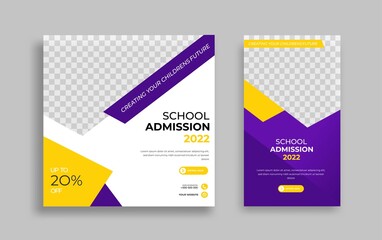 School admission Editable minimal square banner template. Yellow purple White background color with geometric shapes for social media post, story and web internet ads. Vector illustration	