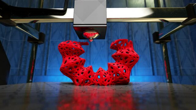 3d rendering motion graphic turntable scene of Automatic three-dimension 3d printer printing an object from hot molten plastics.