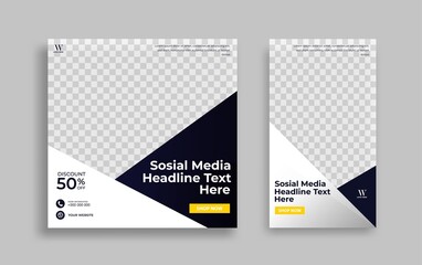Set of Editable minimal square banner template. Blue yellow white background color with geometric shapes for social media post and web internet ads. Vector 