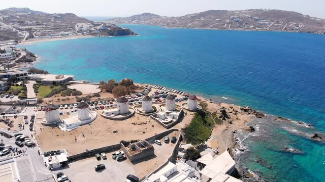 Aerial summer view of Mykonos Windmills with no people due to covid.