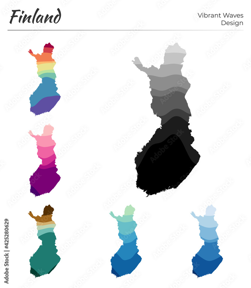 Poster set of vector maps of finland. vibrant waves design. bright map of the country in geometric smooth c