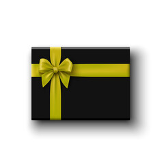 Black gift box with yellow bow on white background. Package with ribbon. Vector illustration.