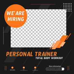 Modern job vacancy square web banner for social media post. Hiring job template for Personal trainer, gym, body builder instructor