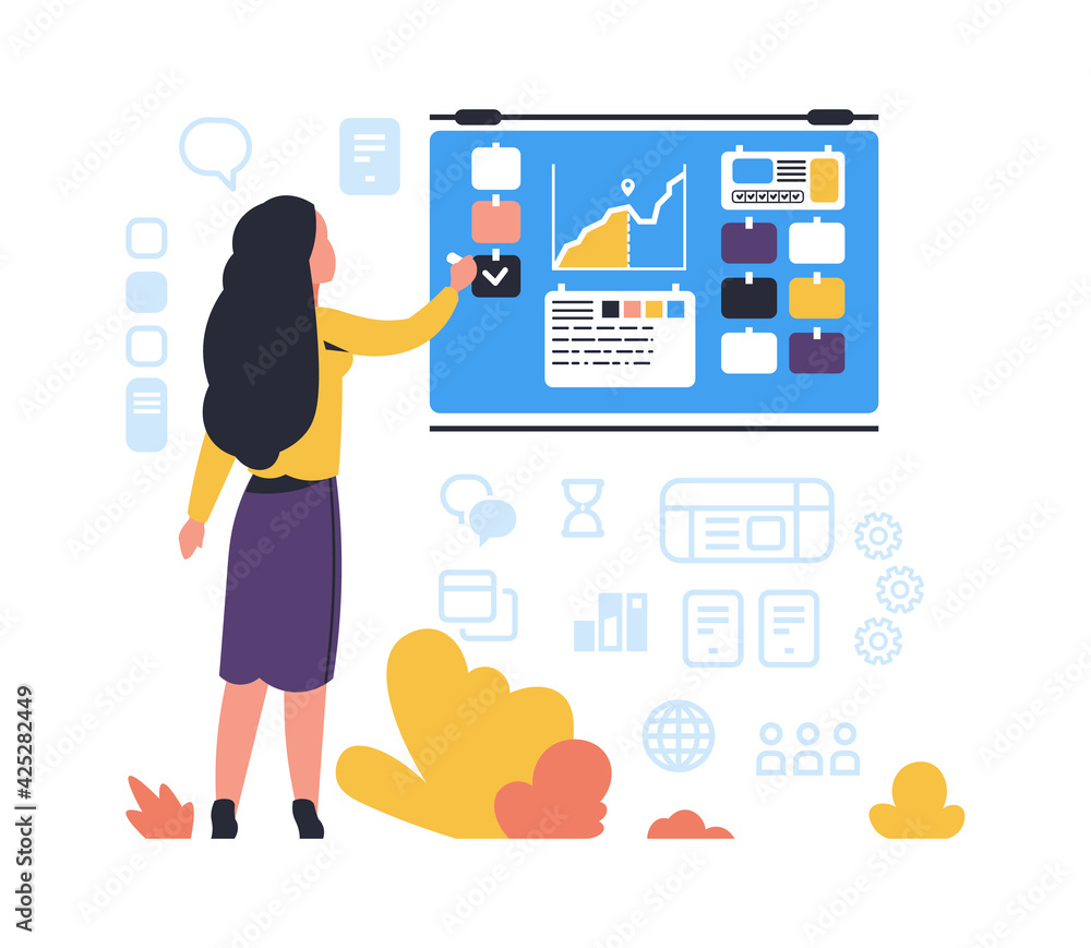 Poster Schedule checkpoints. Time management concept. Woman makes notes of completed tasks on whiteboard. Businesswoman planning meetings and deadlines. Vector effective work organization